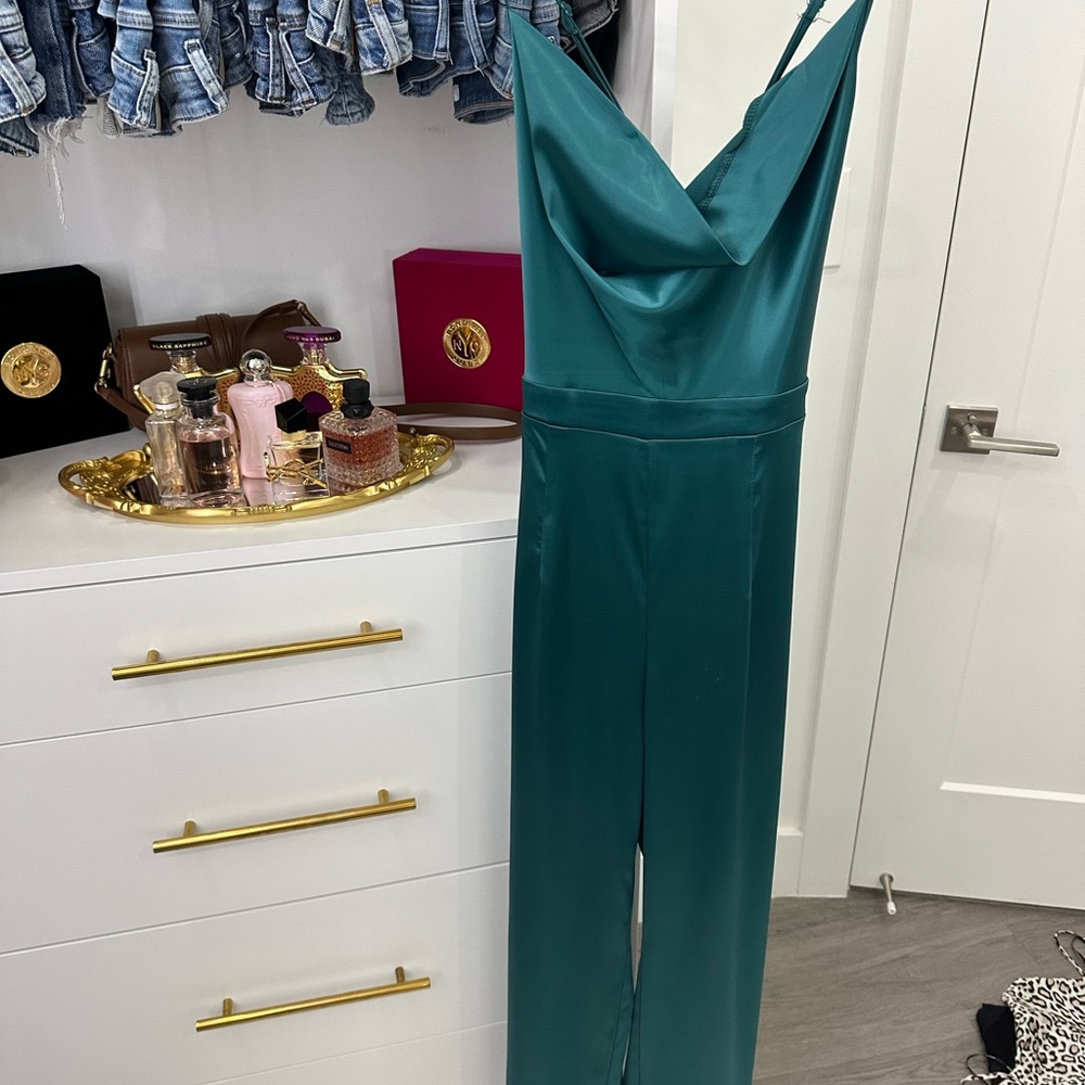 green satin jumpsuit